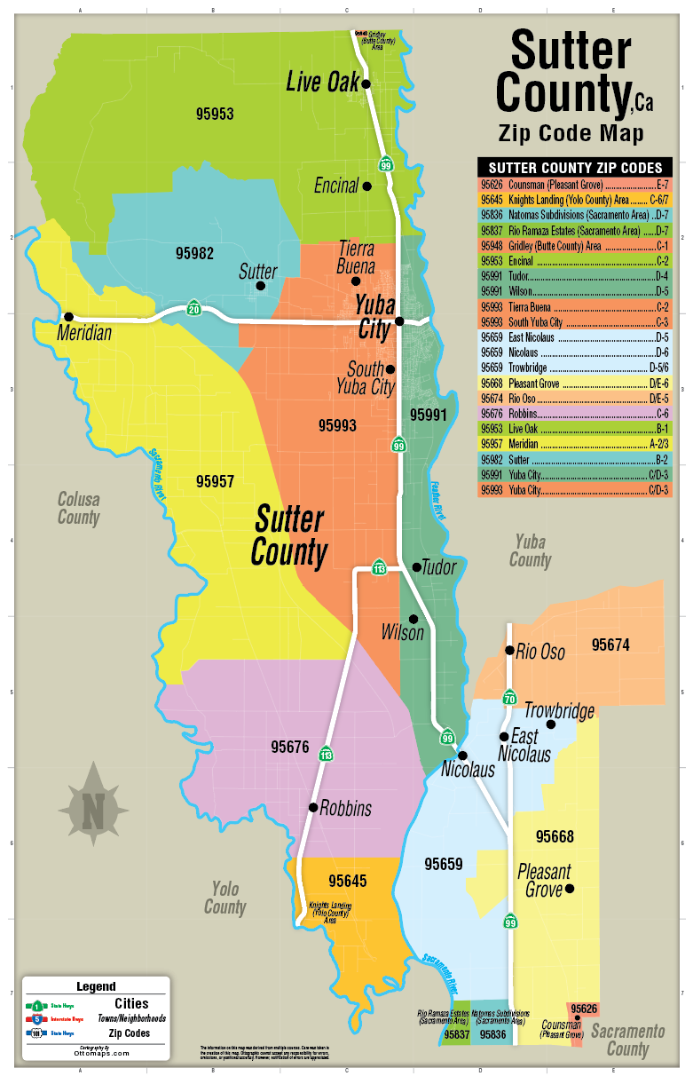 Sutter County Zip Code Map - FILES - PDF and AI, editable, vector, roy ...