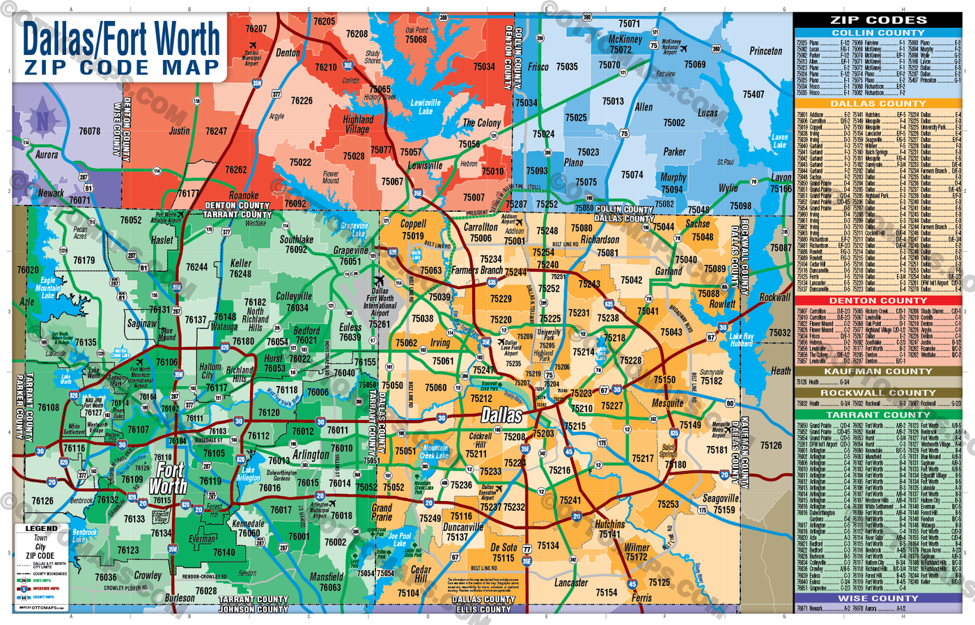 Dallas Fort Worth Zip Code Map - Counties Colorized - FILES - PDF and AI, layered, editable, vector, royalty free