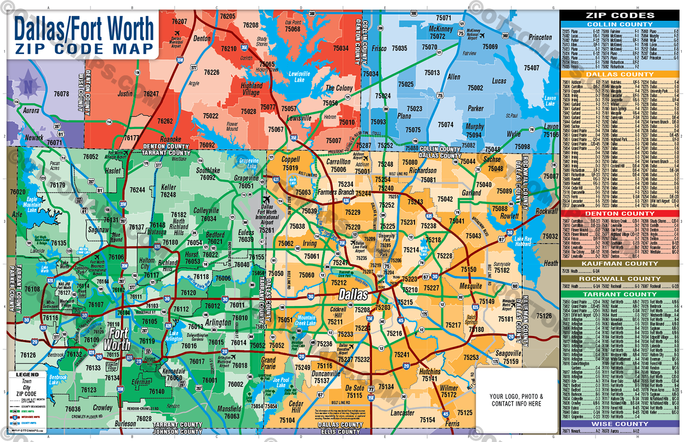 Dallas Fort Worth Zip Code Map - Counties Colorized - FILES - PDF and AI, layered, editable, vector, royalty free