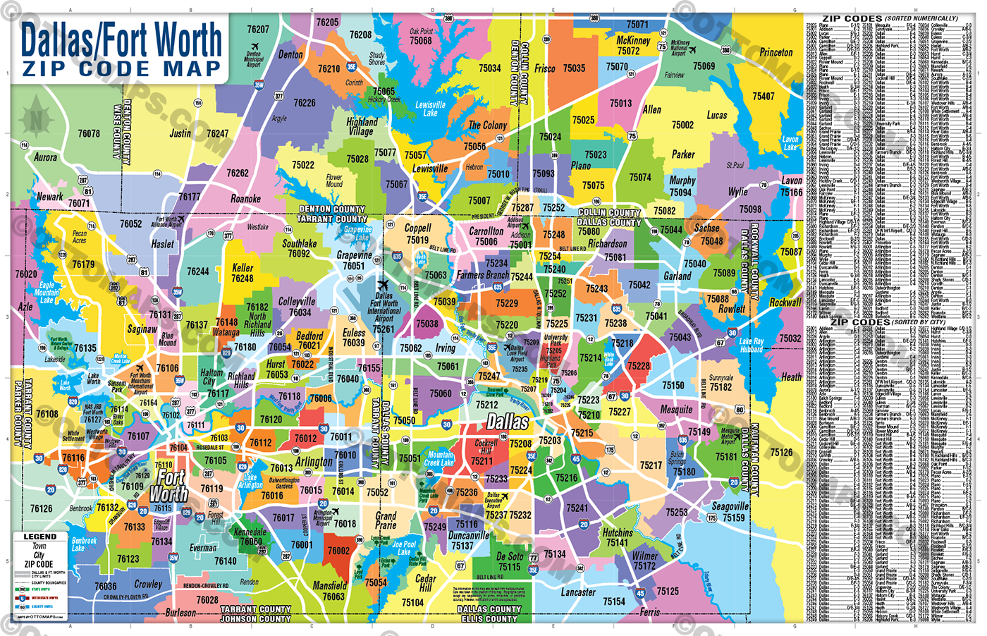 Dallas Fort Worth Zip Code Map - Zip Codes Colorized - FILES - PDF and AI, layered, editable, vector, royalty free