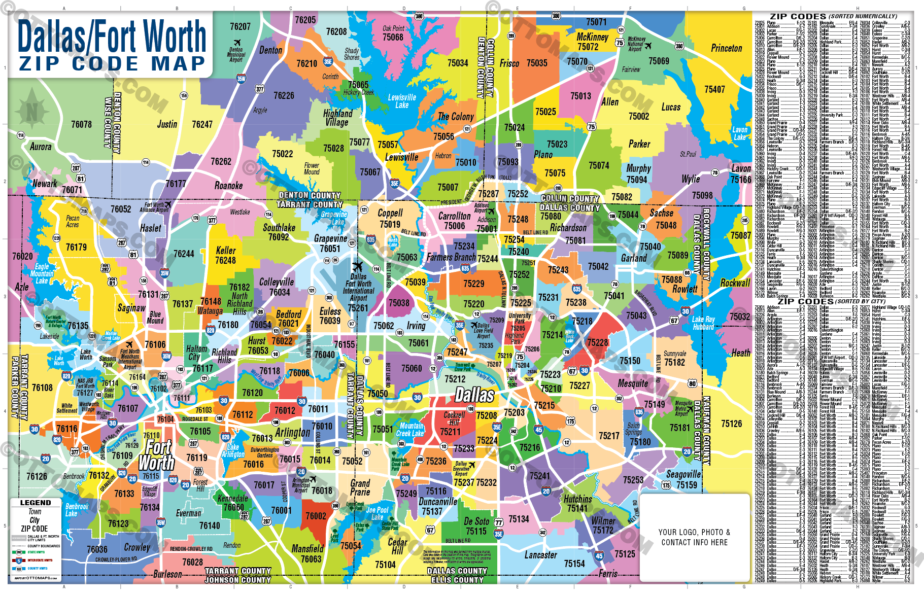 Dallas Fort Worth Zip Code Map - Zip Codes Colorized - FILES - PDF and AI, layered, editable, vector, royalty free