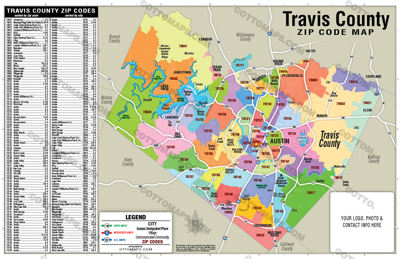 Travis County, TX - Austin Zip Code Map - FILES - PDF and Adobe Illustrator - with box