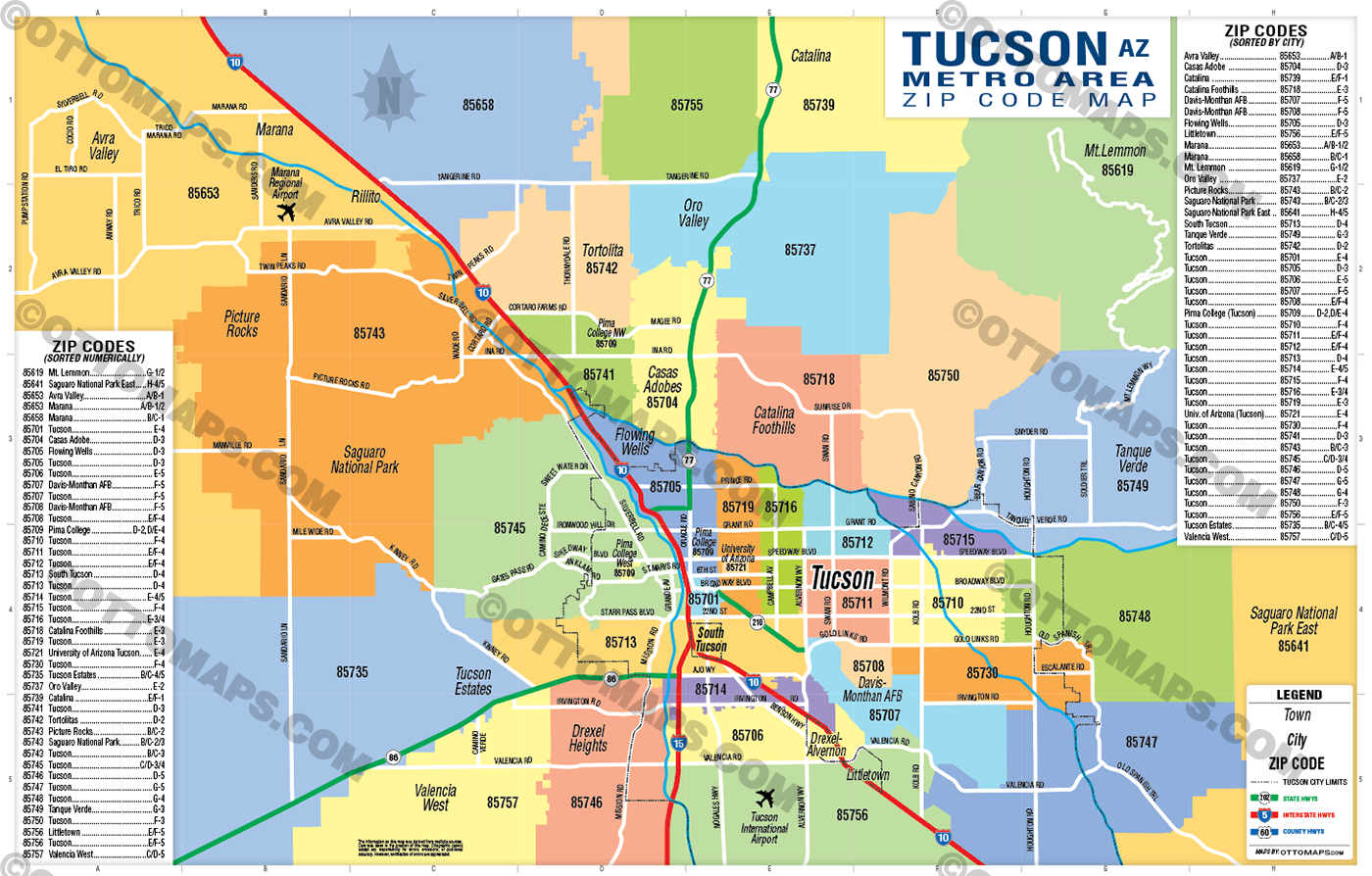 Tucson Metro Area Zip Code Map - FILES - PDF and AI, editable, vector, royalty free