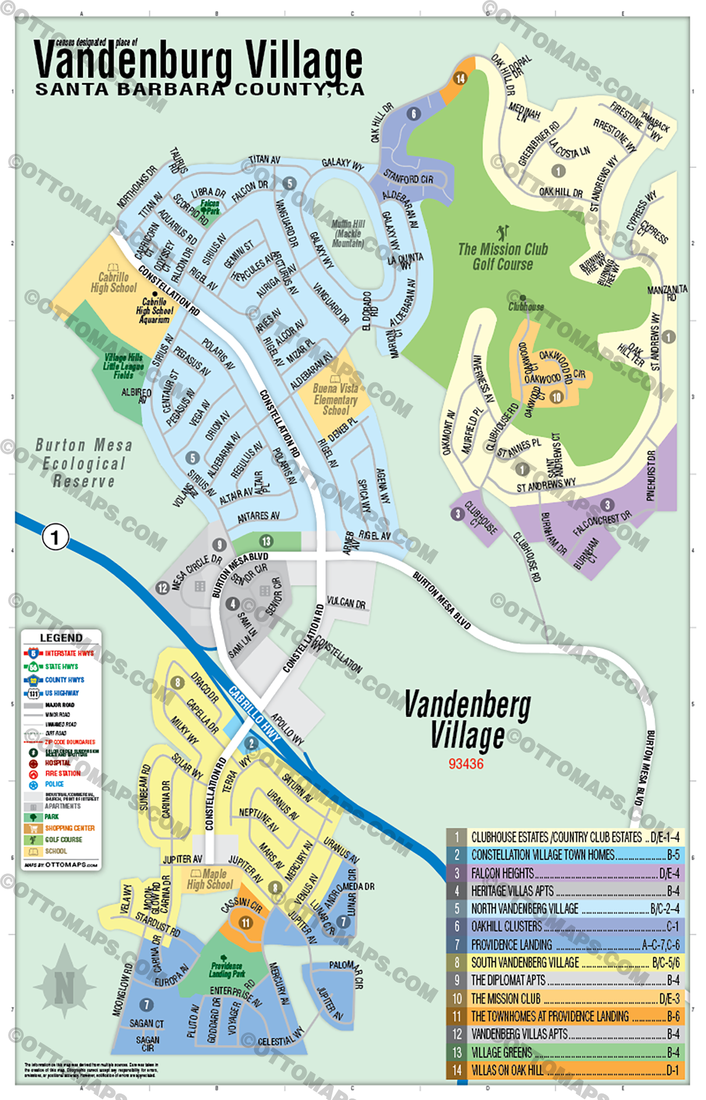 Vandenberg Village Map, Santa Barbara County, CA - FILES - PDF and AI, editable, vector, royalty free NO BOX