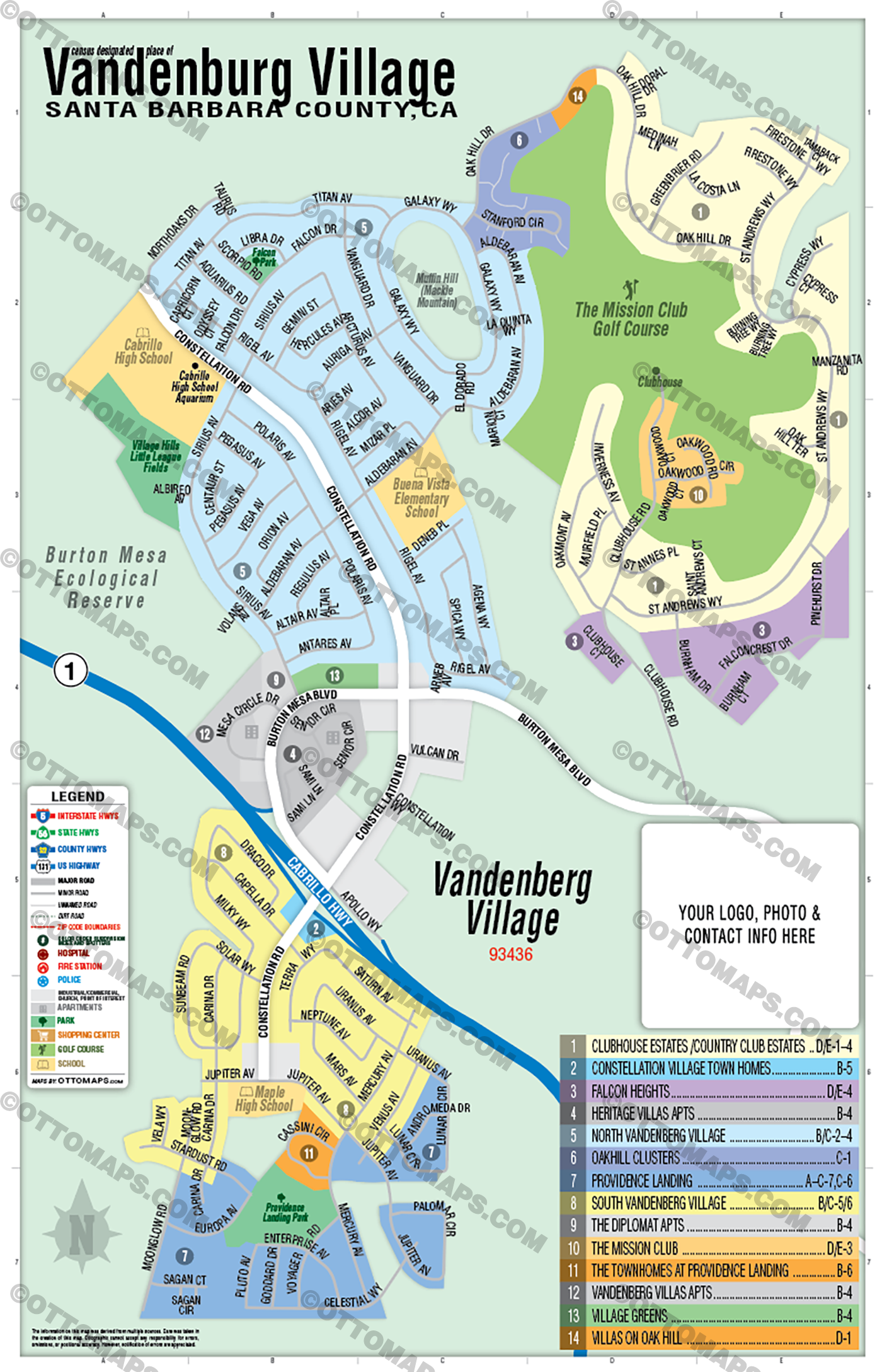 Vandenberg Village Map, Santa Barbara County, CA - FILES - PDF and AI, editable, vector, royalty free with box