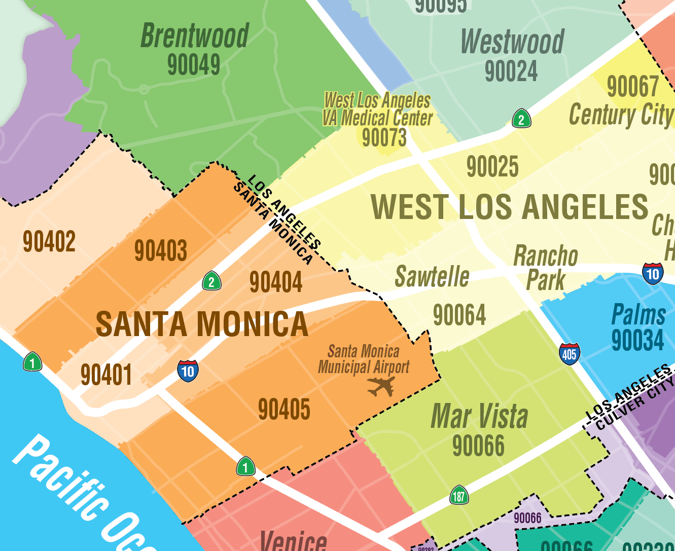 West Side Cities Zip Code Map, Los Angeles - FILES - PDF and AI Files, editable, vector, royalty free