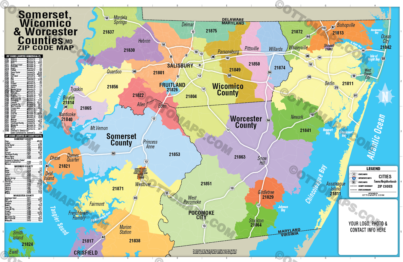 Worcester, Somerset, Wicomico Counties Zip Code Map - FILES - PDF and AI, editable, vector, royalty free - with box