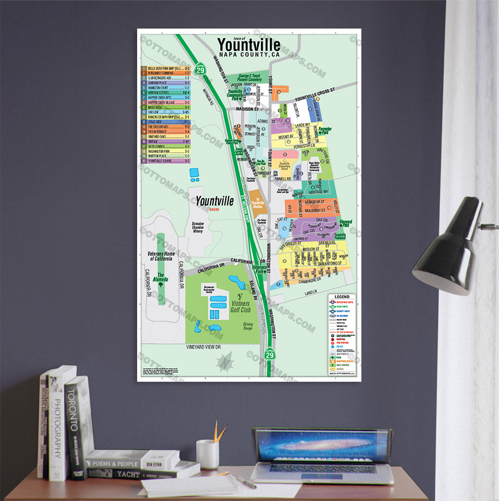 Yountville Map, Napa County, CA - POSTER PRINTS