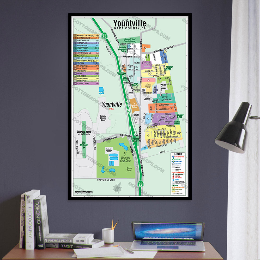 Yountville Map, Napa County, CA - POSTER PRINTS