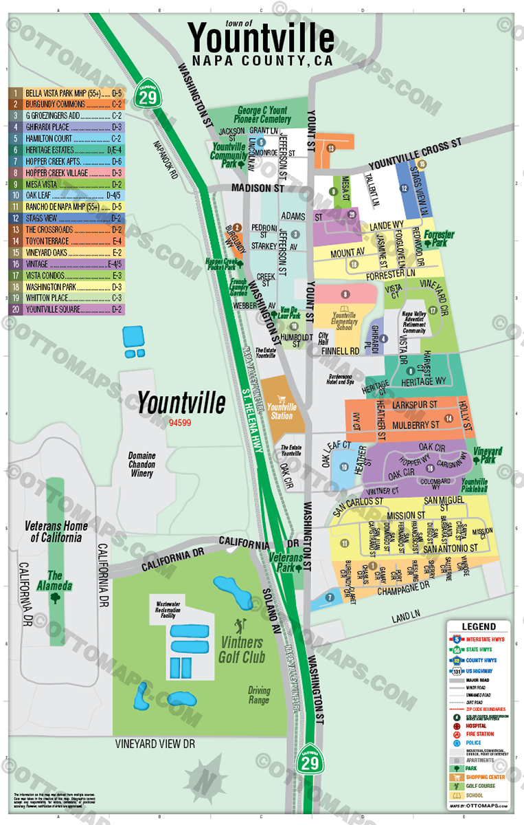 Yountville Map, Napa County, CA - POSTER PRINTS