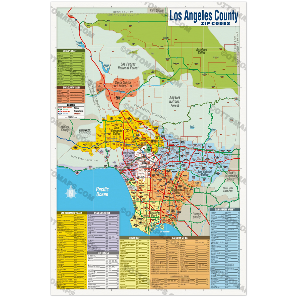 Los Angeles Zip Code Map - FULL (Counties Colored) - POSTER PRINTS