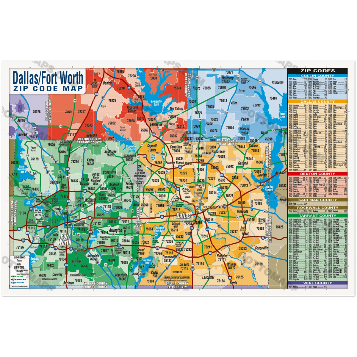 Dallas Fort Worth Zip Code Map - Counties Colorized - POSTER PRINTS ...