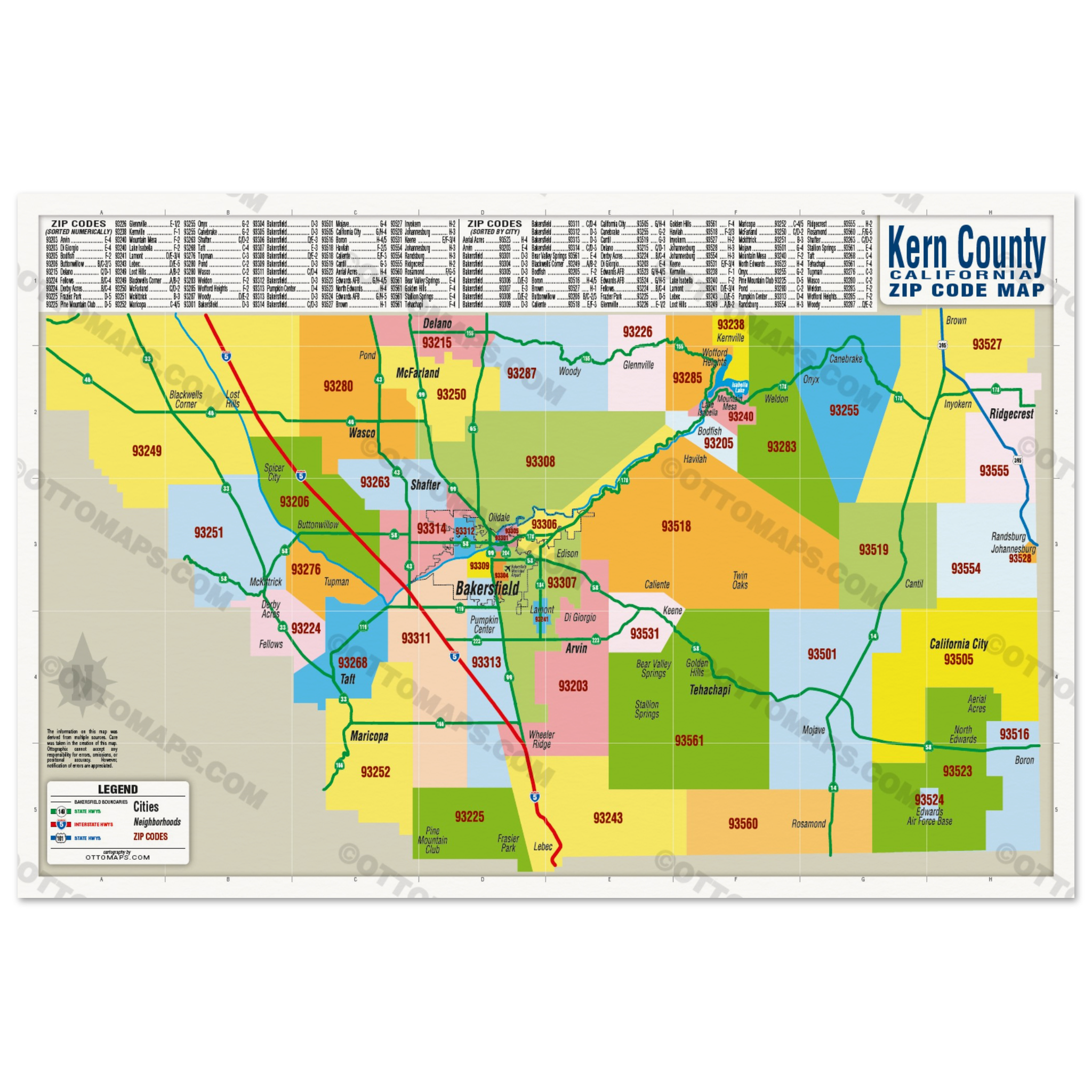 Kern County Zip Code Map - POSTER PRINTS