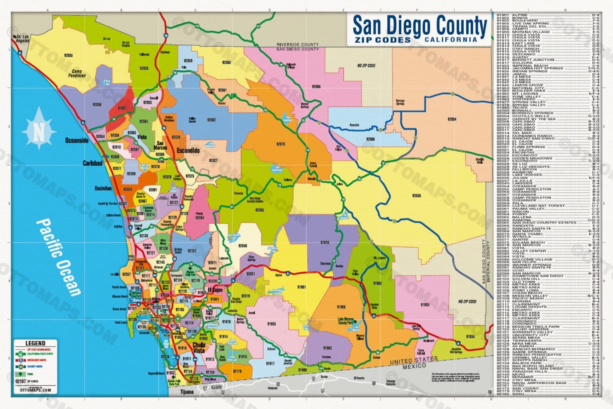 San Diego County Zip Code Map - FULL (Zips colorized) - POSTER PRINTS