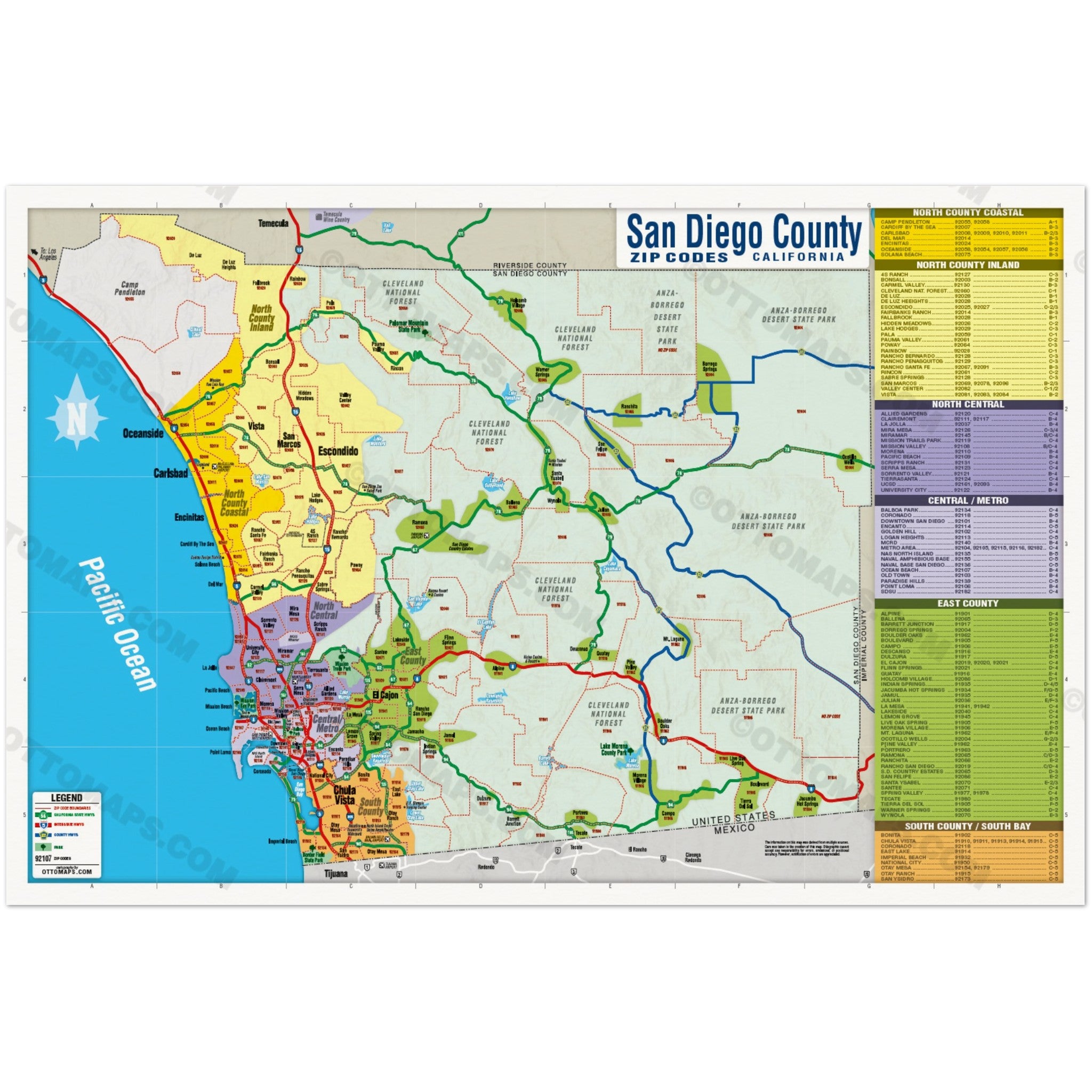 San Diego County Zip Code Map - FULL (Areas colorized) - POSTER PRINTS ...