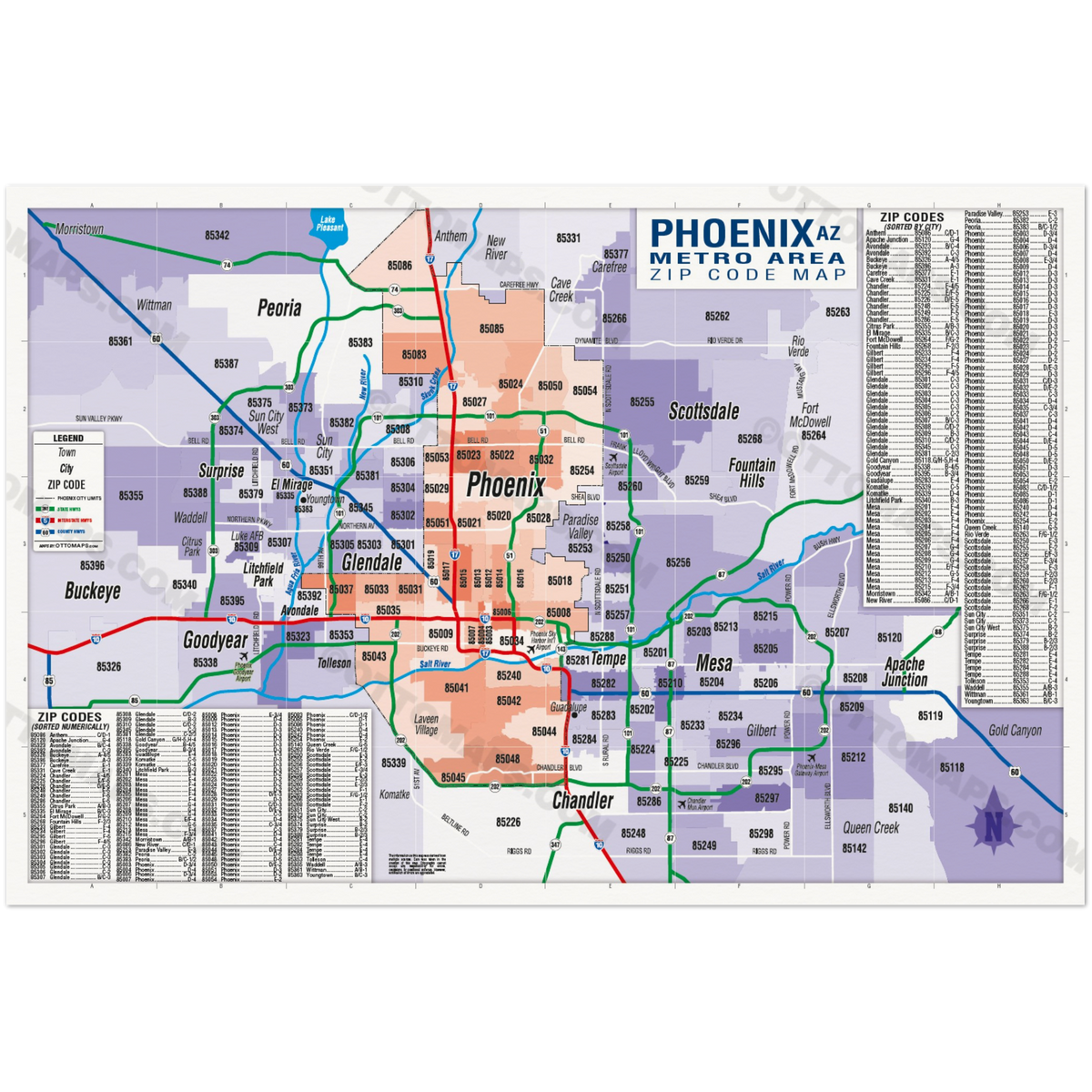 Phoenix Zip Code Phoenix Metro Area Zip Code Map - Cities Colored - POSTER PRINTS – Otto ...
