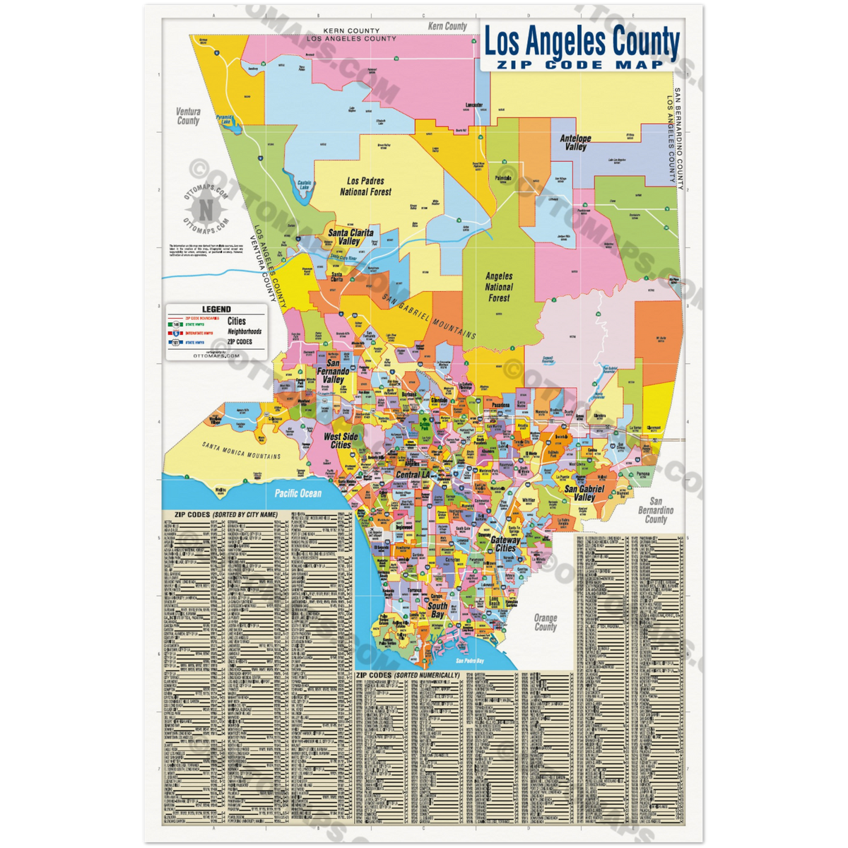 Los Angeles Zip Code Map - FULL (Zip Codes Colored) - POSTER PRINTS ...