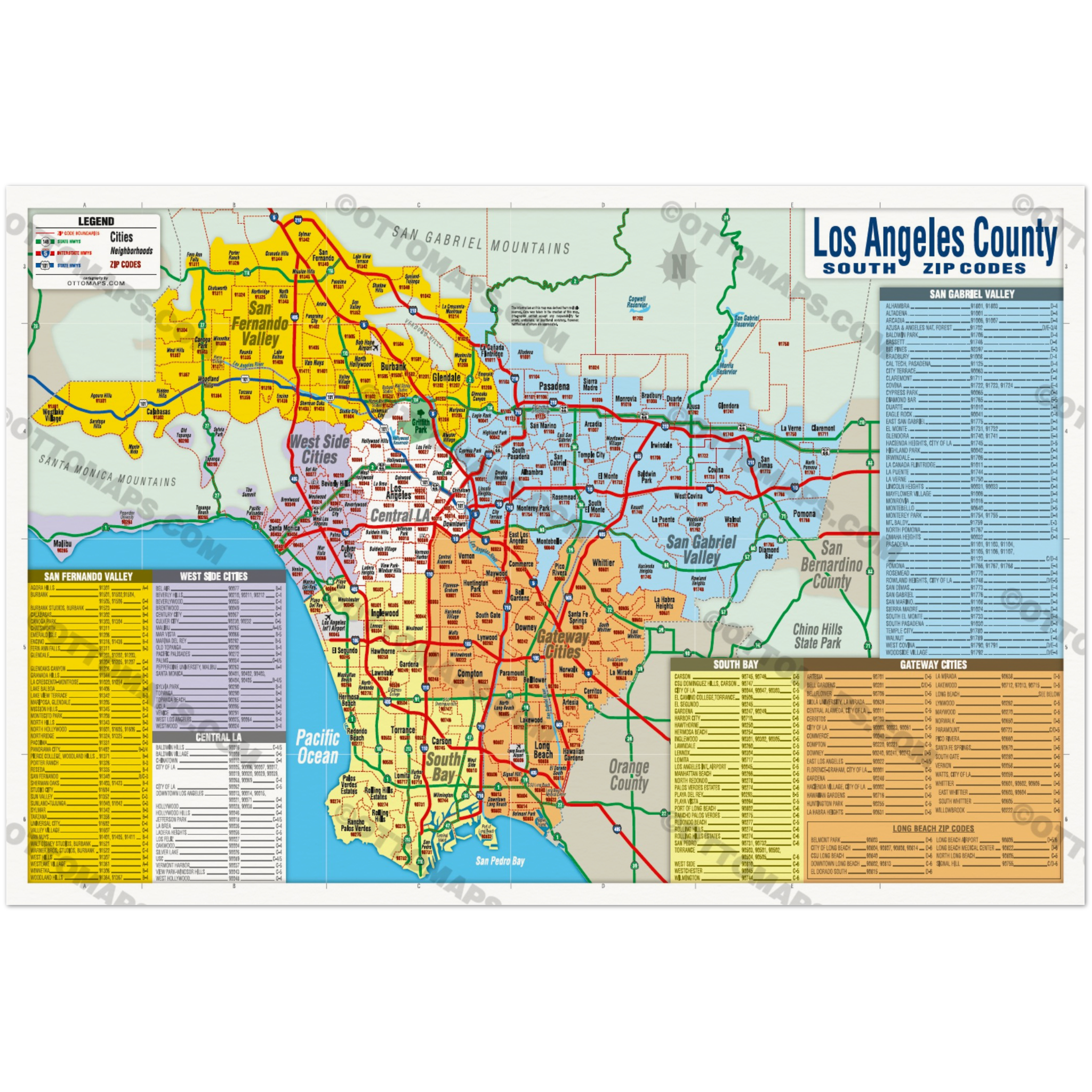 Los Angeles Zip Code Map - SOUTH (Areas Colored) - POSTER PRINTS