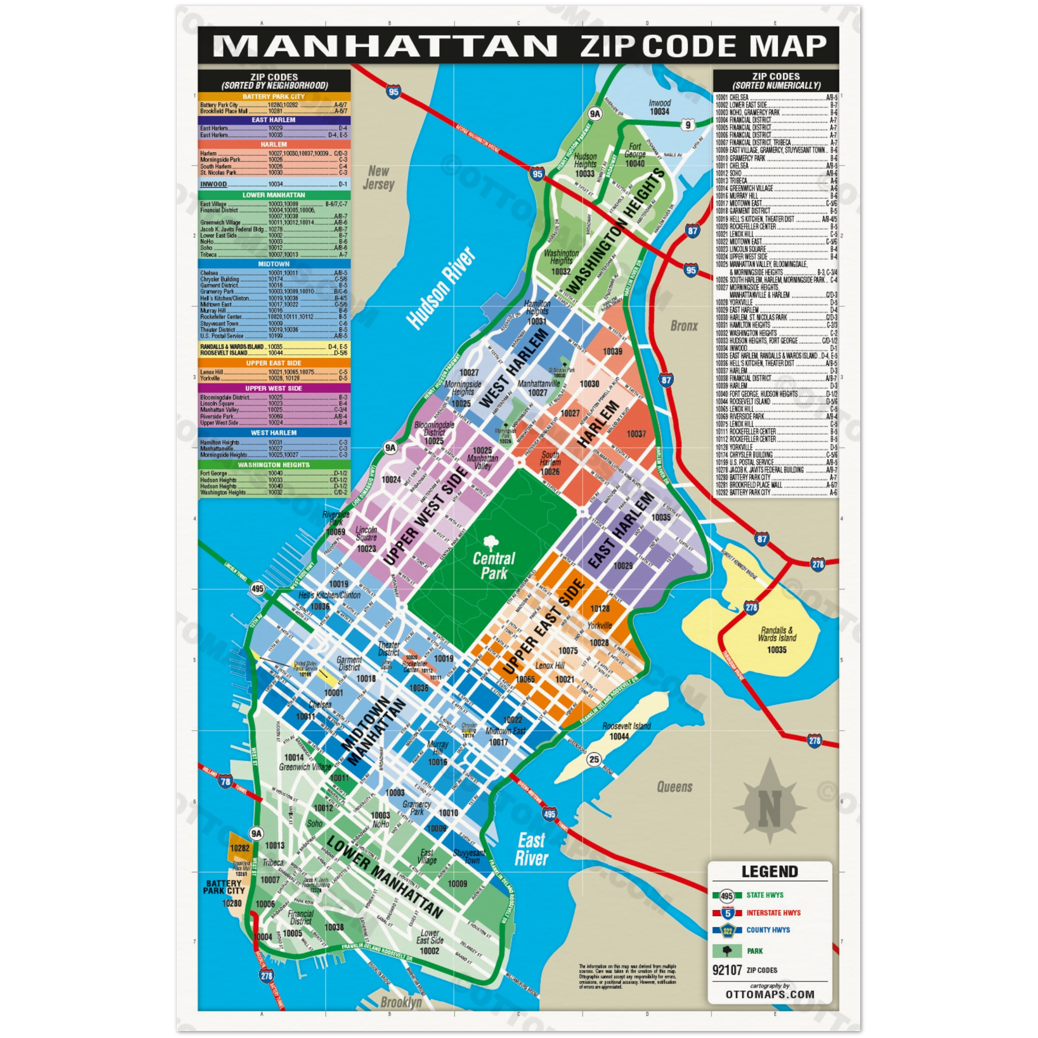 Manhattan Zip Code Map (Neighborhoods colorized) - POSTER PRINTS