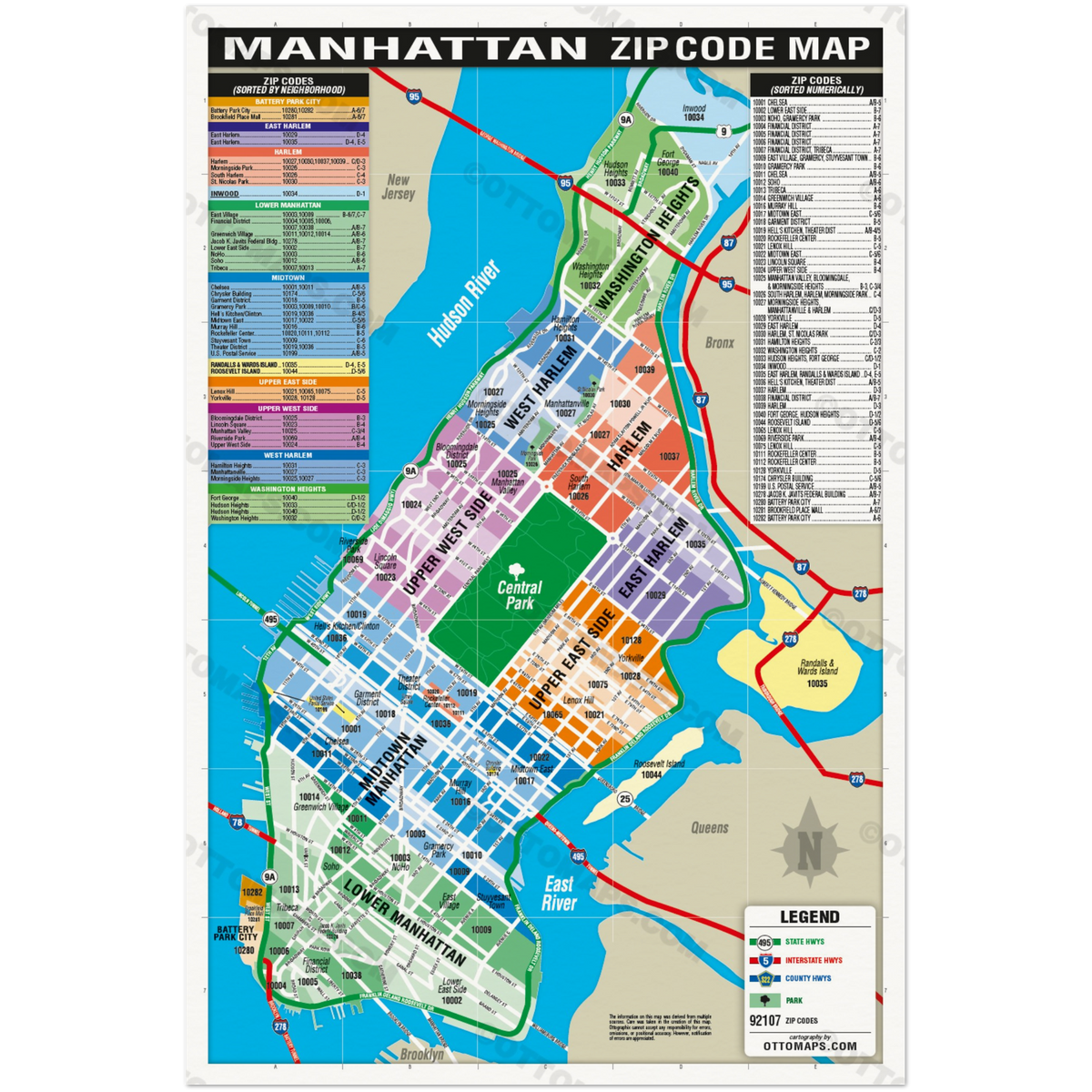 Manhattan Zip Code Map (Neighborhoods colorized) - POSTER PRINTS – Otto ...