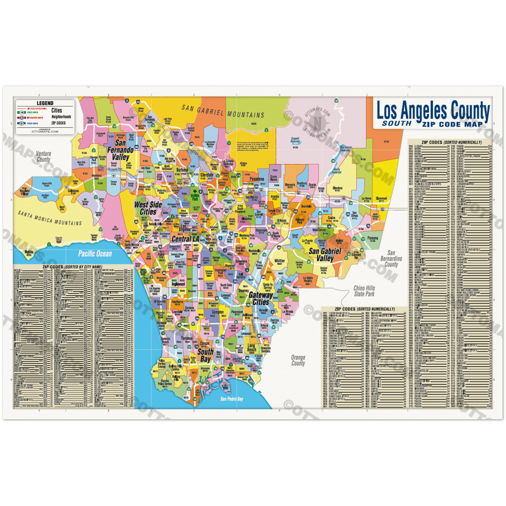 Los Angeles Zip Code Map - SOUTH (Zip Codes Colored) - POSTER PRINTS