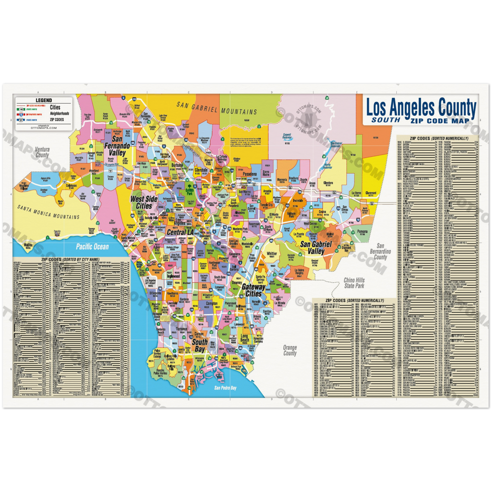 Los Angeles Zip Code Map - SOUTH (Zip Codes Colored) - POSTER PRINTS