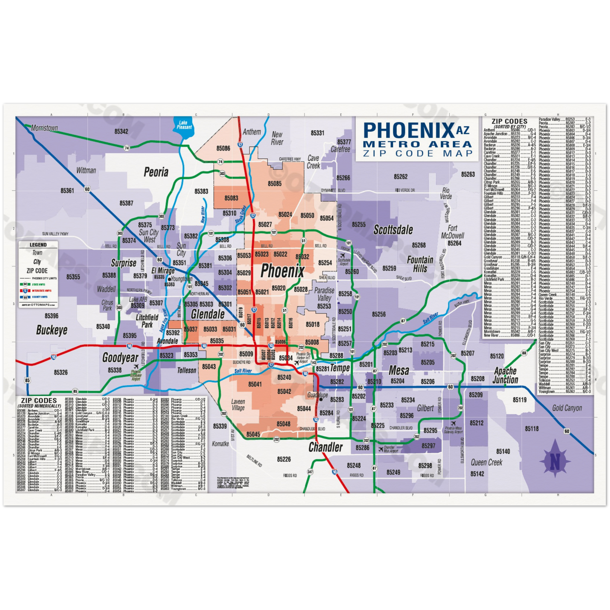 Phoenix Map Code Grid Phoenix Metro Area Zip Code Map - Cities Colored - POSTER PRINTS – Otto ...