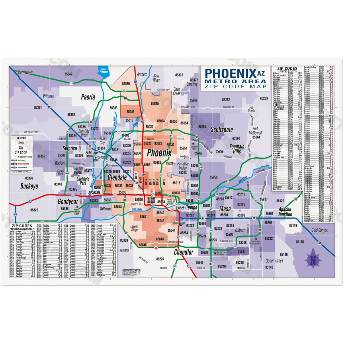 Phoenix Zip Code Phoenix Metro Area Zip Code Map - Cities Colored - POSTER PRINTS – Otto ...