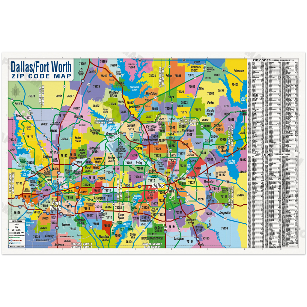 Dallas Visual Zip Code Map Dallas Fort Worth Zip Code Map - Zip Codes Colorized - POSTER PRINTS ...