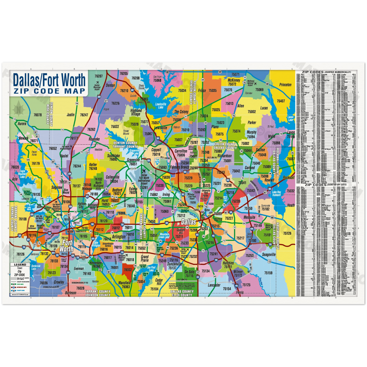 Dal Zip Code Map Dallas Fort Worth Zip Code Map - Zip Codes Colorized - POSTER PRINTS ...