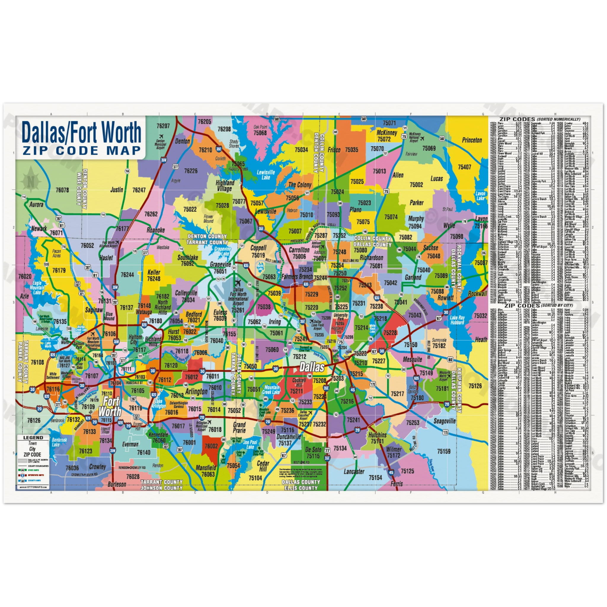 Dallas Fort Worth Zip Code Map - Zip Codes Colorized - POSTER PRINTS