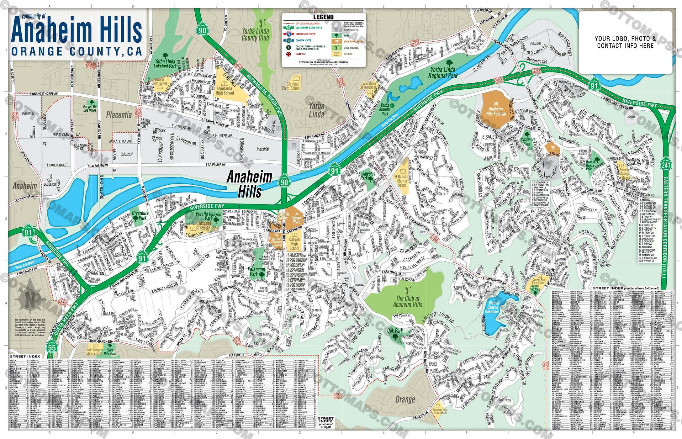 Anaheim Hills Street Map, Orange County, CA - FILES - PDF and AI, editable, vector, royalty free