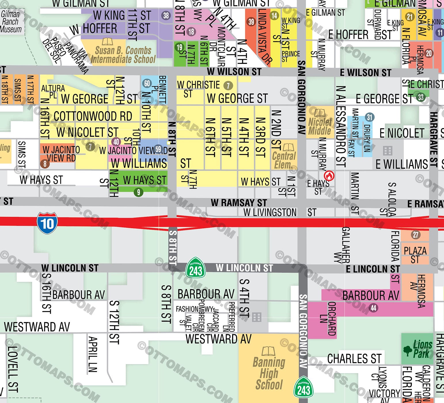 Banning Map, Riverside County, CA - FILES - PDF and AI, editable, vector, royalty free