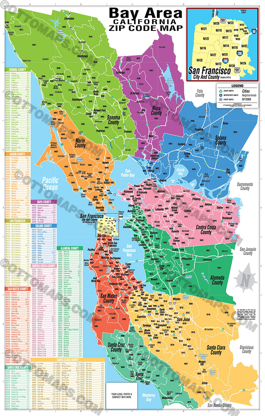 Bay Area Zip Code Map (Counties colorized) - FILES - PDF and AI, editable, layered, vector, royalty free