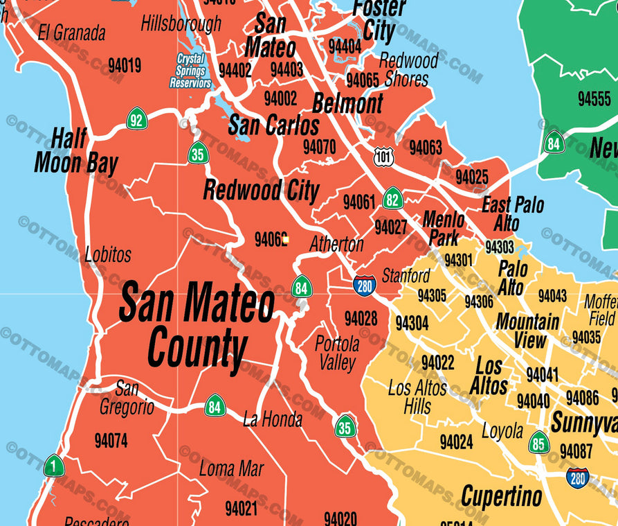 Bay Area Zip Code Map (Counties colorized) - FILES - PDF and AI, editable, layered, vector, royalty free