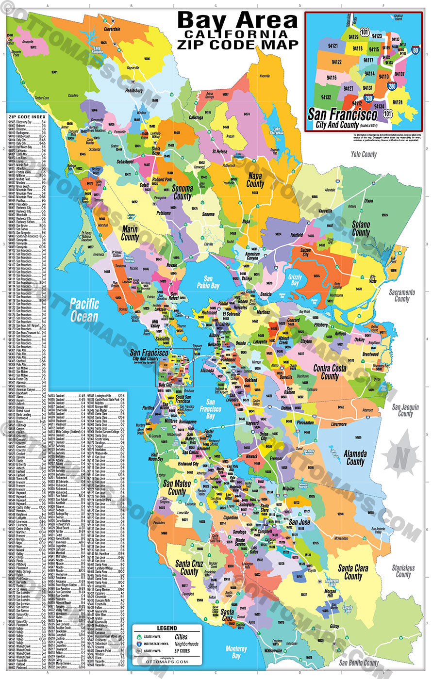 Bay Area Zip Code Map (Zip Codes colorized) - FILES - PDF and AI, editable, layered, vector, royalty free