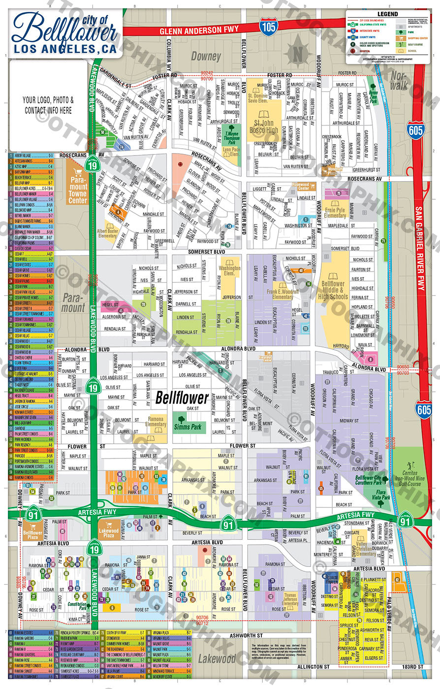 Bellflower Map, Los Angeles County, CA - FILES - PDF and AI, editable, vector, royalty free