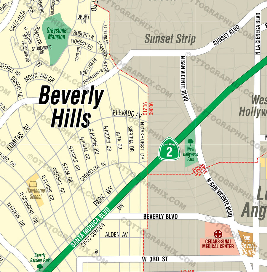 Beverly Hills Map, Los Angeles County, CA - FILES - PDF and AI, editable, vector, royalty free