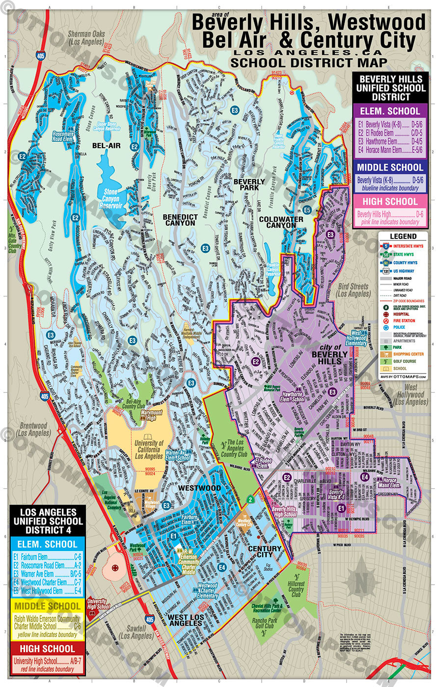 Beverly Hills, Bel Air, Westwood, Century City Map - School District Map - PDF, editable, royalty free