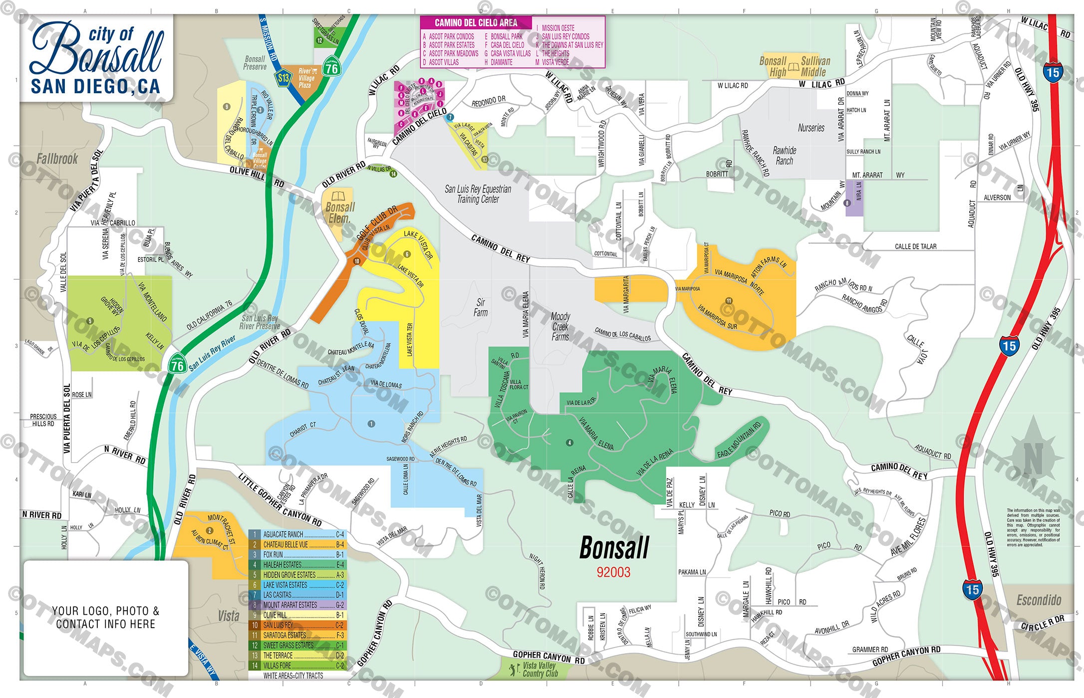 Bonsall Map, San Diego County, CA - FILES - PDF and AI, editable, vector, royalty free