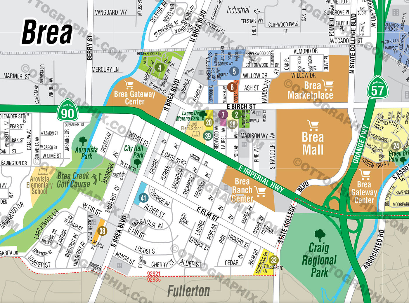 Brea Map, Orange County, CA - FILES - PDF and AI, editable, vector, royalty free