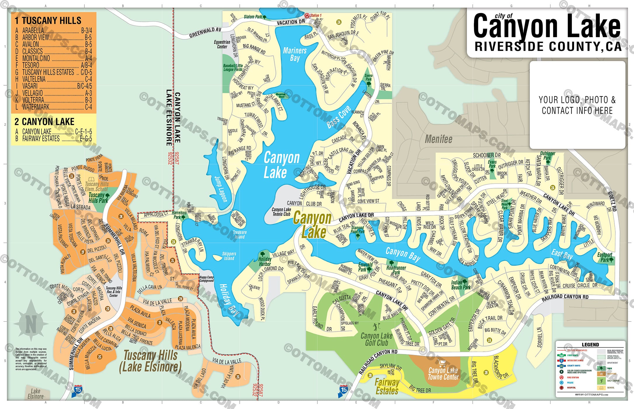 Canyon Lake Map with Tuscany Hills, Riverside County, CA - FILES - PDF and AI, editable, vector, royalty free