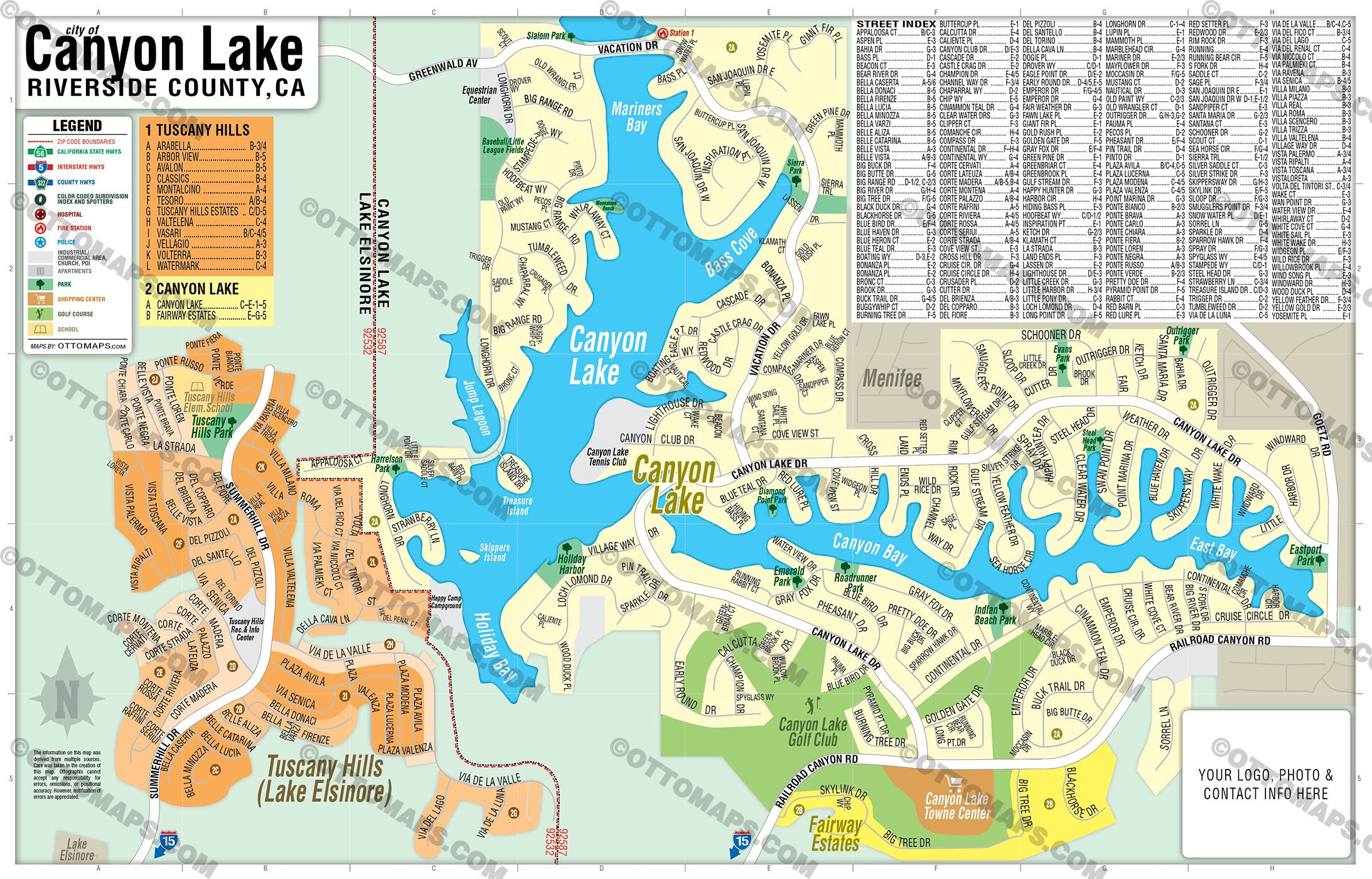 Canyon Lake and Tuscany Hills Map with STREET INDEX, Riverside County, CA - FILES - PDF and AI, editable, vector, royalty free