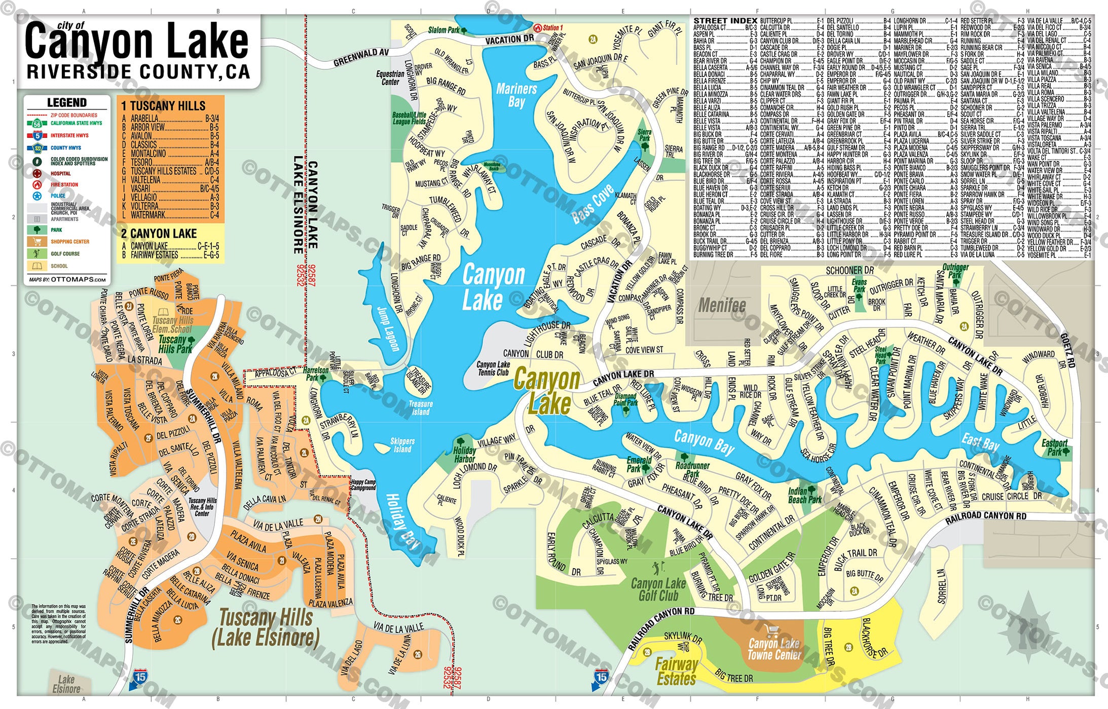 Canyon Lake and Tuscany Hills Map with STREET INDEX, Riverside County, CA - FILES - PDF and AI, editable, vector, royalty free