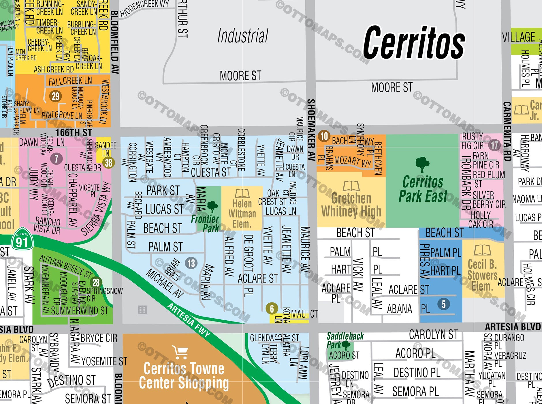 Cerritos Map with Artesia, Los Angeles County, CA - FILES - PDF and AI, editable, vector, royalty free