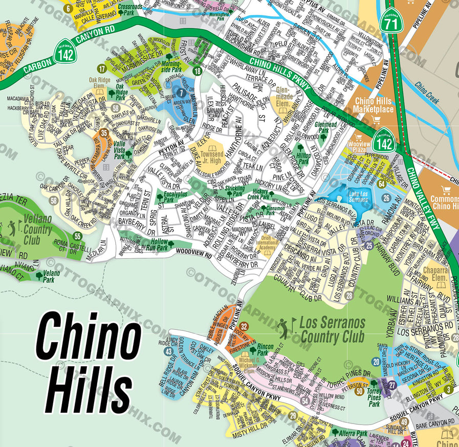 Chino Hills Map, San Bernardino County, CA - FILES - PDF and AI, editable, vector, royalty free