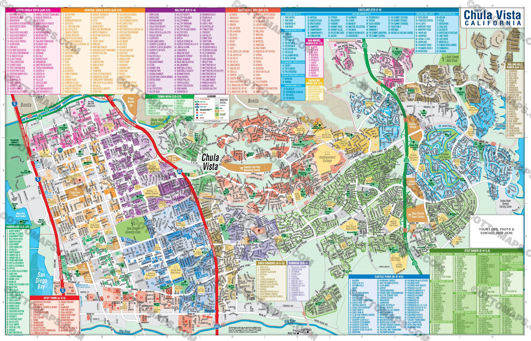 Chula Vista Map (3 options: Full, West & East), San Diego County, CA