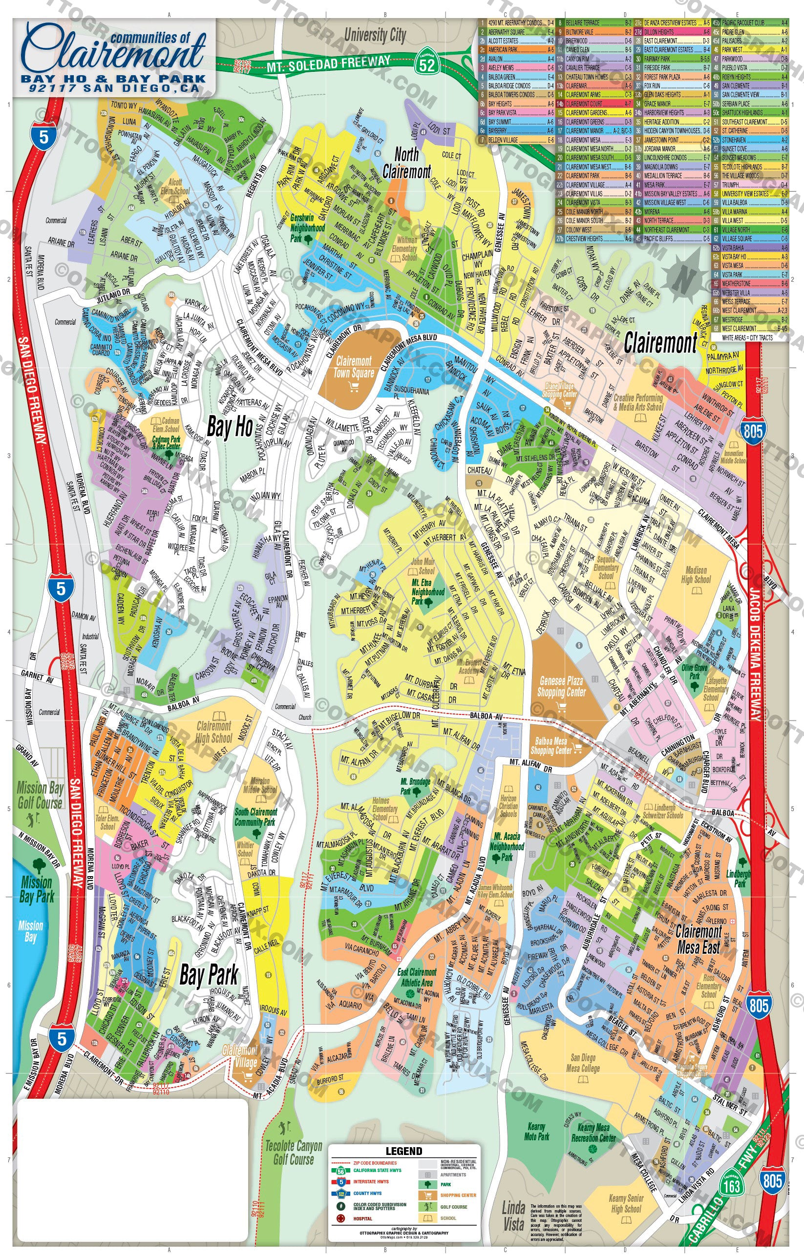 Clairemont, Bay Ho and Bay Park Map - 92117 Area, San Diego County, CA