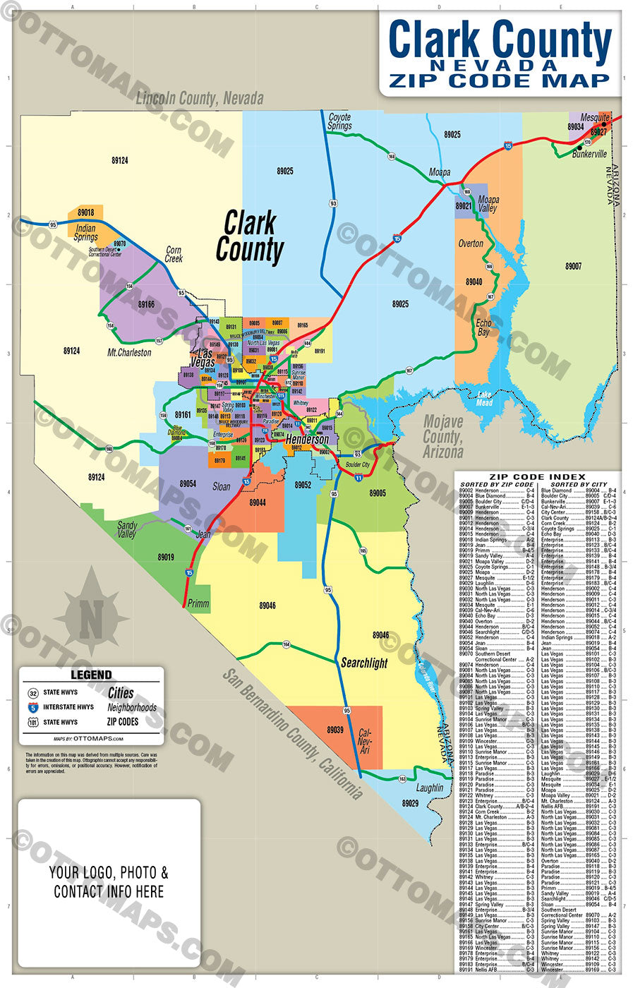 Clark County Nevada Zip Code Map - FILES - PDF and AI, editable, vector, royalty free