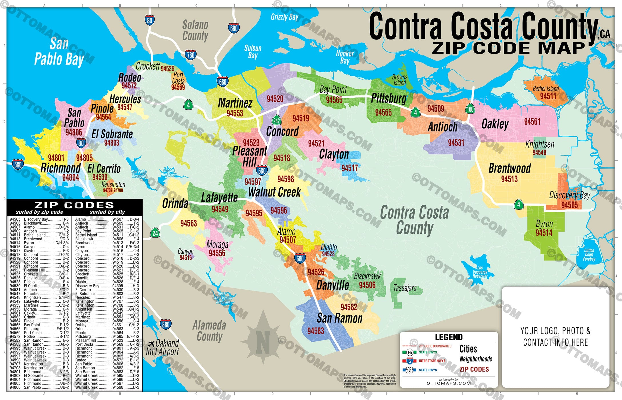 Contra Costa County Zip Code Map - FILES - PDF and AI, editable, vector, royalty free